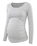 Love2Mi Damen Langarm Schwanger T-Shirt Umstandsshirt Umstandstop Schwangerschaft Graue Streifen, XL