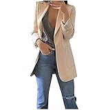 OFF-KEWIS Blazer Jackets for Women Solid Long Sleeve Cropped Suit Coats Buttonless Notched Office Coat Cardigan Outerwear-5X-Large,Beig