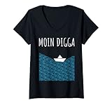 Damen Moin Humor Spruch I Hafen Anker See Meer Segeln T-Shirt mit V