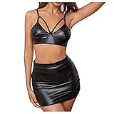 YHIIen Damen Sexy Erotik Dessous Wetlook Neckholder Body Rückenfrei Babydoll Tiefer V-PU Leder Halsband Ausschnitt Dessous Offener Schritt Reizwäsche Push up Puppenkleid Pyjamas Träger mit Bügel-BH