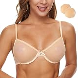 Wingslove Damen Sexy Transparenter BH Unwattierter Bügel BH Spitze Mesh Durchsichtiger BH(Nackt,36B)
