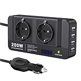 200W KFZ Spannungswandler 12V auf 230V LEICESTERCN Auto Wechselrichter Stromwandler Power Inverter Autoadapter Mit LCD-Echtzeitanzeigespannung 2 EU Steckdose 4 USB Anschlüsse für Auto Reisen Urlaub