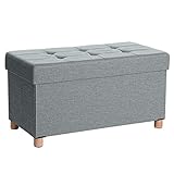 SONGMICS Sitztruhe, Faltbare Sitzbank, Sitzhocker mit Stauraum und Deckel, Füße aus Massivholz, platzsparend, 65 L, bis 300 kg belastbar, 76 x 38 x 40 cm, für Schlafzimmer, Flur, hellgrau LSF16GYX