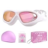 Schutzbrille-Set, Badekappe mit kostenlosem Nasenclip und Ohrstöpseln, Hochauflösende Schwimmbrille mit Großem Rahmen, Antibeschlag / UV-Schutz, Silikon-Badekapp