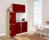 respekta Mini Küche Singleküche 130 cm inkl. Oberschrank Eiche Sägerau Nachbildung Front rot MK 130 ESROS