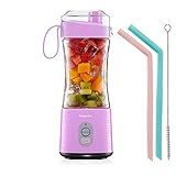 Tragbarer Mixer, Vaeqozva Pers?nlicher Wiederaufladbarer USB-Saftbecher f¨¹r Smoothie- und Protein-Shakes Mini-Handmixer mit 13 Unzen Flasche f¨¹r das Fitnessstudio im Heimb¨¹ro Sport im Freien Pink¡­