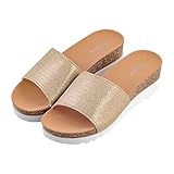 MHXQD Pantoletten Wedge Damen Sandale Sandaletten Mit Kork-Fussbett Mit Offener Zehenpartie-Sandalen Lässige Slipper Strandschuhe Beach,Gold,41