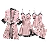 Deloito 4 Stück Dessous Set Damen Kunstseide Spitze Negligee Robe Nachtkleid Babydoll Nachtwäsche Nachthemd Pyjamas Schlafanzug Reizwäsche Vierteiliger Anzug (Pink,Medium)