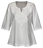 Maharanis Kurti Klassiker Tunika Bluse Reine Baumwolle weiß handbestickt L