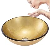 BBTF Waschbecken Bad Rund mit Siphon Aufsatzbecken Gold Gehärtetes Glas Folienverfahren Schlichtes Design mit Chrom Gerader Wasserhahn für Gäste WC Bad 42 * 42 * 14.5cm (Color : Single Basin)
