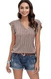 DOTIN Damen T-Shirt Kurzarm Sommer Shirt mit Allover Mininal Druck V-Ausschnitt Rüsche Ruffle Casual Oberteile Bluse Tops, Braun, M