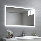 EMKE LED Badspigel 100x60cm mit Beleuchtung Warmweißes und Kaltes weißes Licht mit Taste + Defogging Wandspiegel IP44 Energiesp