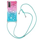 YMCASE Handykette Hülle für Huawei P Smart 2021, Smartphone Necklace Glitzer Transparent Silikonhülle mit Band - Handyhülle Case mit Stylische Kette zum umhängen, Pink und B