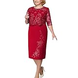 LOPILY Spitzenkleid Damen Große Größen Elegant Abendkleid für Mollige mit Blumendruck Zweilagig Cocktailkleider Kleid für Brautmutter Übergröße Edel Midikleid Plus Size Frauenkleid (Rot, XXL)