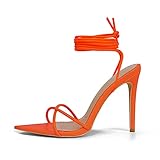 GENSHUO Damen Stöckelabsatz Sandaletten Stiletto Absatz Riemchensandalen Sommer Offene Zehen Schnürsandalen Lace up High Heels Sandalen Party Kleid Abschlussball Fluoreszierendes Orange 39 EU