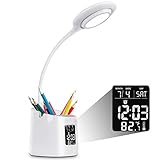 Schreibtischlampe, LED-Lampe, Augenschonende Tischlampe, Uhr Schreibtischleuchte (Zeit, Alarm, Datum, Temperatur), stufenloses dimmbares Licht für Zuhause, 3 Farb-Lichtmodi, Kinder-Lampe für Schü