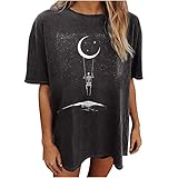 Vintage Tshirt Damen Sommer Kurzarm Oberteile Oversize Lustiges T-Shirt mit Sonne Mond Motive und Skelett Print lose Bluse Rundhals Basic Top Elegant Pullover Sweatshirt Teenager M