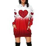 Valentinstagkleid Damen Valentinstag Lustig Drucken Langarm Valentinstagpullover mit Kapuze Hoodie Kleid Valentinstag Pulli Kapuzenpullover Pulloverkleid Rockabilly Sexy Partykelid Strickk