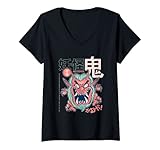 Damen Japanischer Teufel Maske Yokai Oni T-Shirt mit V