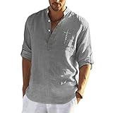 Shirt Herren V Ausschnitt Loose Einfarbig Langarmshirt Herren Dünn Und Leicht Atmungsaktiv Leinenhemd Herren Mode Lässig Sandstrand Style T-Shirt Herren C-Grey XL