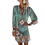 APOKIOG Damen Bohemian Tunika Kleid Strandkleid Tunikakleider Vintage Strandtunika 3/4-Arm Rundhals Kleid Blumenmuster Kurzes Sommerkleider Top