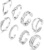 Milacolato 8Pcs Offene Ringe für Frauen Pfeil Blumenknoten verstellbare Schwanzbandringe Set Schmuck Silber/Rosegold/Gold T