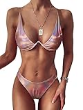 ZKYZJZK Damen Sexy Glänzend Metallic Bikini Set Zweiteiliger Badeanzug Bügel Bademode Badeanzug, champagnerfarben, Larg
