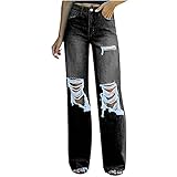 Jeans Damen Löcher Bootcut Hüfthose, Lang Mode Bleached Normaler Bund Stretch Straight Leg Lässige Hose mit Schlitz Tasche, Frauen Teenager Mädchen Casual All-Match Geradem Bein J