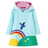 JinBei Mädchen Kapuzenkleid Langarm Regenbogen Vögel Drucken Kapuzenpullover Baumwolle Freizeit Hoodie Pullover Sweatshirt Kleid Blau Tops Herbst Kinder 5-6 J