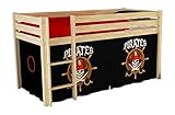 Vipack PICOHSZG1077 Spielbett Pino mit Textilset Pirates, Maße 210 x 114 x 106 cm, Liegefläche 90 x 200 cm, Kiefer massiv Natur lack