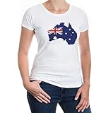 buXsbaum® Damen Girlie T-Shirt Australien Shape | Australia Australie Ozeanien | Ländershirt Fanshirt Karte | XXL, Weiß