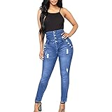 Damen Jeans Leggings mit Hoher Taille und Knopfleist Skinny Elegant Passform Slim Fit Lange Hosen Frauen Stretchy Skinny J