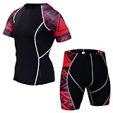 LIZHOUMIL Herren-Kompressions-Sportswear-Anzüge, schnell trocknend, kurzärmeliges Hemd, Shorts, Sportanzug (Kurzarm + Shorts), Scharlachroter Druck, XXXL