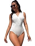 comeondear Body Damen Ärmellos Weiß V Ausschnitt Sexy Bodysuits Hinter mit Reißverschluss Einfarbig Elegant Tops Overalls unter mit Knöpfe(XS-S,Weiß
