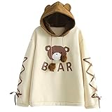 Damen T-Shirt Bär Cartoons Drucken Casual Buchstaben mit Rundhalsausschnitt Fledermausärmeln Fake Zwei Oberteile Top Kawaii Hoodie Pullover Mädchen Herbst Winter Warm Süßer Sweatshirt Teenag