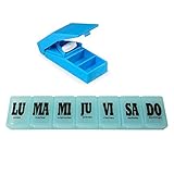 Pillendose mit 7 Fächern, Pillendose für den Tag, robust, inklusive Tablettenschneider mit Klinge aus Edelstahl, Spender Organizer für Apothek