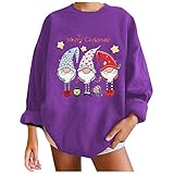 Damen Weihnachten T Shirt Tops Niedlicher Zwerg Druck Grafik Casual Lose Langarm Rundhals Solide Pullover Sweatshirts, violett, 46