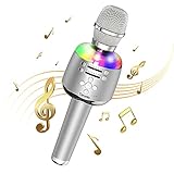 Bluetooth Drahtloses Karaoke-Mikrofon mit LED-Licht, Tragbarer Karaoke-Mikrofon-Lautsprecher, Singmaschine für PC und Smartphone, Geburtstagsgeschenke für Kinder Erwachsene jeden Alters (Silber)