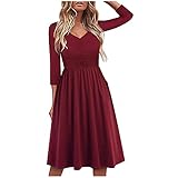 Kleid Damen Herbst 3/4 Ärmel V-Ausschnitt Einfarbig Casual Langarm Plissee Loose Swing Freizeitkleid mit knielangen T