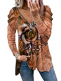 Achlibe Damen Casual Cold Shoulder Tops V-Ausschnitt Spitze Lose Shirts Blusen Stricktop T-Shirt, khaki, S