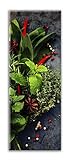 Küchenbild Red Pepper 30 x 80 x 0,4 cm I Glasbild mit Pfefferkörnern und Gewürzen I Panorama Wandbild mit Chili und Kräutern I Wanddeko Home Kunstdruck I Deko Küche Vintag
