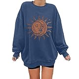 Damen Sweatshirt Herbst Winter Sonne Mond Print Pullover O-Ausschnitt Langarm Patchwork Tops Plus Size Loose Shirt Bluse (XXXL,Blau)