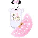 FYMNSI Baby Mädchen Mein 1. Geburtstag Outfit Minnie Maus Kostüm Gepunktet Tütü Rock Baumwolle Kurzarm Body Strampler mit Ohr Stirnband 3tlg Bekleidungsset Fotoshooting Rosa 1 J