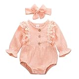 DDuinnm Neugeborenes Baby Leinen Strampler Langarm Body Kleid T-Shirt Bluse Tops Baby Mädchen Prinzessin Tütü Kleid mit Stirnband Baby Frühling Sommer Outfit für 0-24 Monate (0-6 Monate, C-Pink)