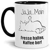 Tasse mit Spruch - Nö-Katze Ja Ja Moin - lustige Tasse für die Arbeit/Bürotasse/freche Tasse mit Katze/Geschenkidee lustig - Innen & Henkel Schw