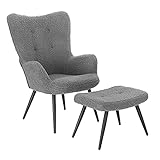 WOLTU Relaxsessel Lehnstühle Vintager Retro Sessel Polstersessel mit Hocker Fernsehsessel Ohrensessel Sherpa Fleece Grau SKS29g