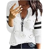 Pullover Damen Ohne Hoodie Vintage, Nette Stern/Gestreifte Druck Waffel Langarm Shirt Bootskragen Reißverschluss Langarmshirt Lässige Streetwear Winterpulli Waffelshirt Sportlich Sweatjack