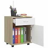 Susany Rollschrank mit Tür & Schublade Rollcontainer Bürowagen Büroschrank Beistellwagen Aktenwagen Büromöbel Weiß und Sonoma-Eiche 45x38x54 cm Spanp