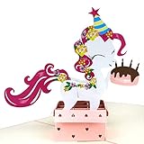 MOKIO® Pop-Up Geburtstagskarte – Happy Birthday Pony mit Geschenk und Torte – 3D Geschenkkarte zum Geburtstag, handgefertigte Klappkarte mit Umschlag, ideal für Geldgeschenk