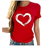 Masrin Damen T-Shirt Lässig Herzförmige Print Tank Tops Kurzarm Tunika Bluse mit O-Ausschnitt (XXXL,Rot)